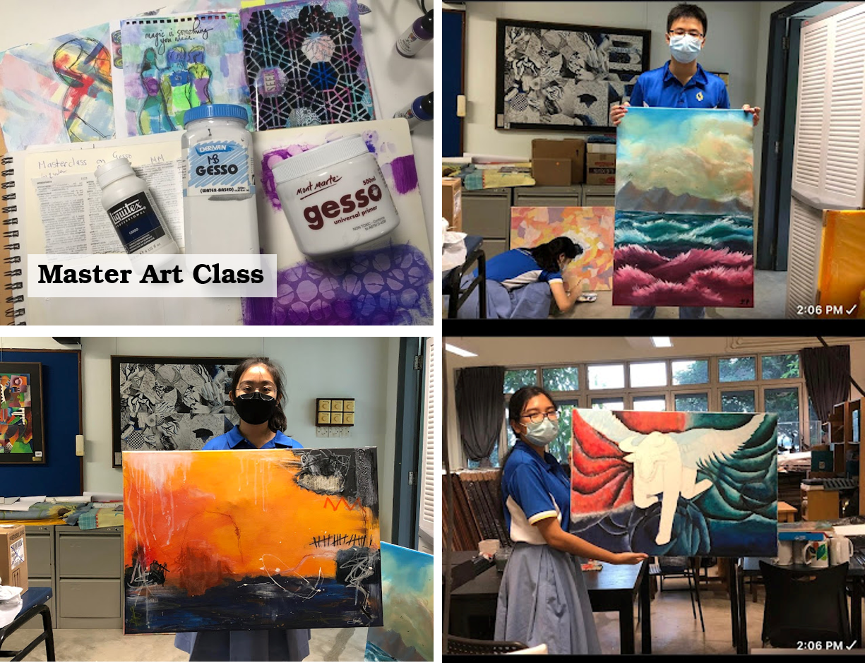 Four-photo collage of a Master Art Class showing students holding paintings and art supplies including gesso jars.